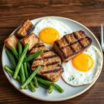 Assiette typique d'un régime sans glucides avec viandes, œufs et légumes verts