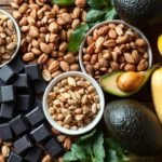 Aliments riches en magnésium incluant des noix, graines, légumes verts et chocolat noir