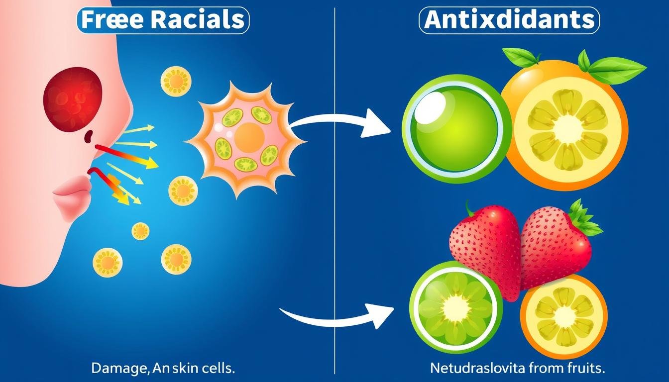 Illustration des effets des radicaux libres sur les cellules et comment les antioxydants des fruits anti-âge les neutralisent