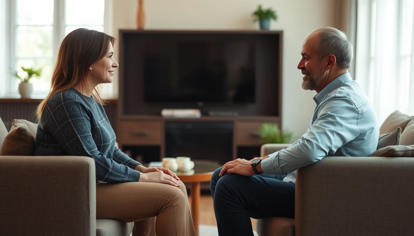 Un couple discutant face à face pour améliorer leur relation