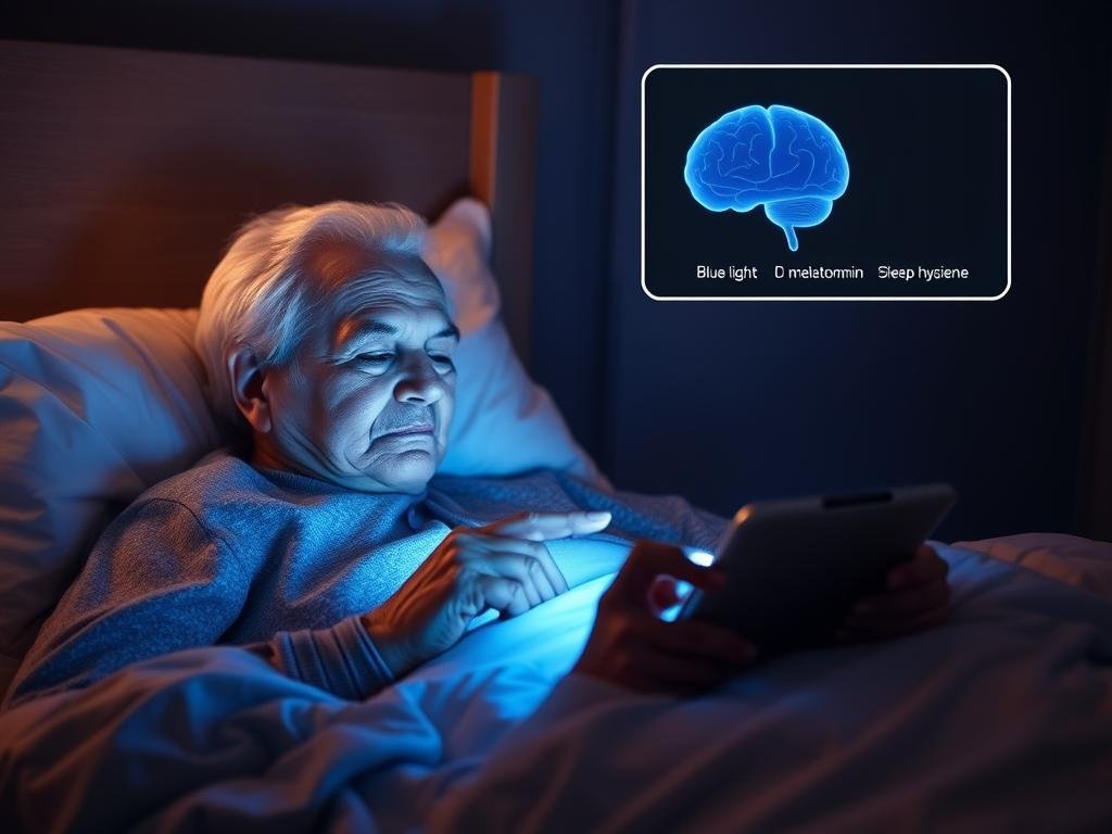 santé&forme Illustration-des-effets-de-la-lumiere-bleue-des-ecrans-sur-le-sommeil-des-personnes-agees-et Sommeil et âge : Pourquoi dormir devient plus difficile en vieillissant