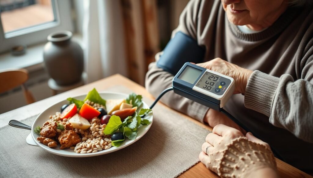 santé&forme Personne-agee-mesurant-sa-tension-arterielle-a-domicile-apres-un-repas-equilibre-1024x585 Aliments clefs pour faire baisser votre tension artérielle