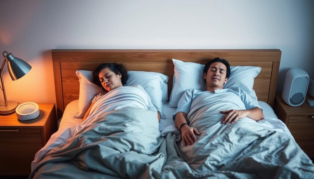 santé&forme Couple-dormant-paisiblement-apres-avoir-resolu-le-probleme-de-ronflement-1024x585 Ronflements : Causes, Solutions et Conseils pour des Nuits Paisibles