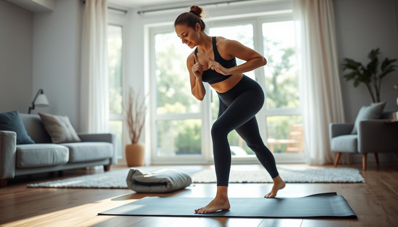 Femme pratiquant un entraînement à faible impact brûlant calories sur un tapis d'exercice