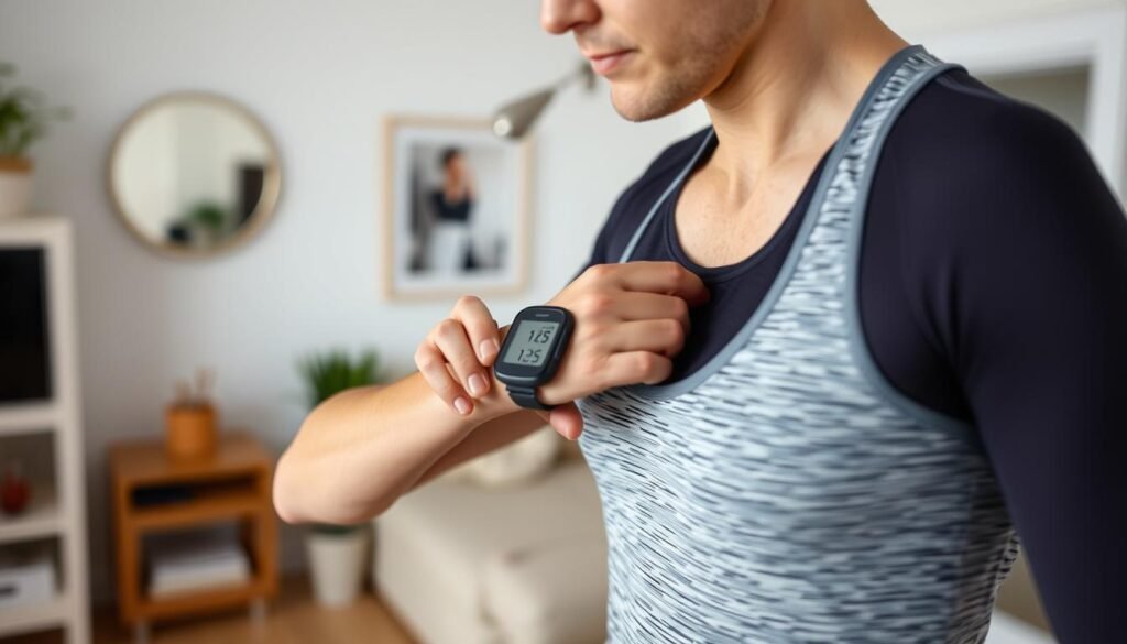 Personne-utilisant-un-moniteur-cardiaque-pendant-un-entrainement-a-faible-impact-brulant-1024x585 20 Entraînements à Faible Impact Brûlant Calories Efficacement