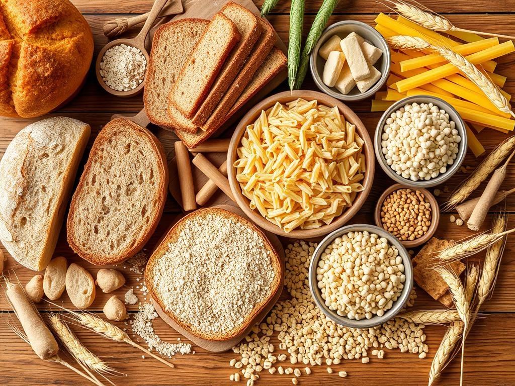 Differents-produits-contenant-du-gluten-comme-le-pain-les-pates-et-les-cereales-disposes-sur Syndrome de l'intestin irritable : ce que vous ignorez sur le gluten et le blé, souvent accusés à tort