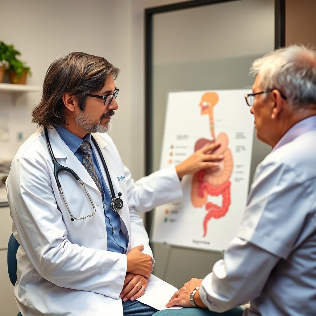 Medecin-consultant-un-patient-souffrant-de-problemes-digestifs Syndrome de l'intestin irritable : ce que vous ignorez sur le gluten et le blé, souvent accusés à tort