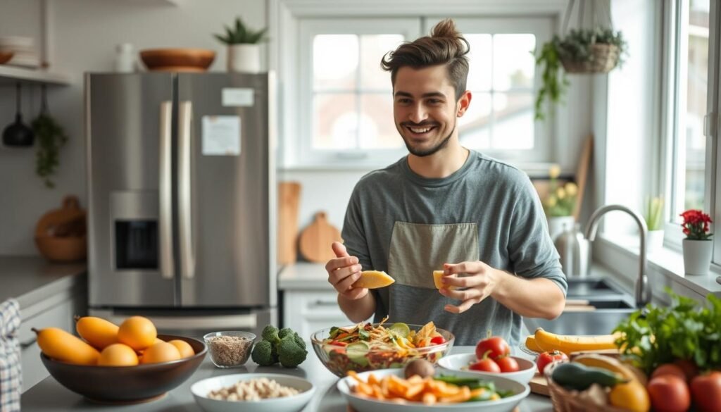 Personne-heureuse-et-en-bonne-sante-preparant-un-repas-equilibre-avec-divers-aliments-1024x585 Syndrome de l'intestin irritable : ce que vous ignorez sur le gluten et le blé, souvent accusés à tort