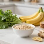 Aliments sains disposés sur une table pour soulager reflux acids et brûlures d'estomac