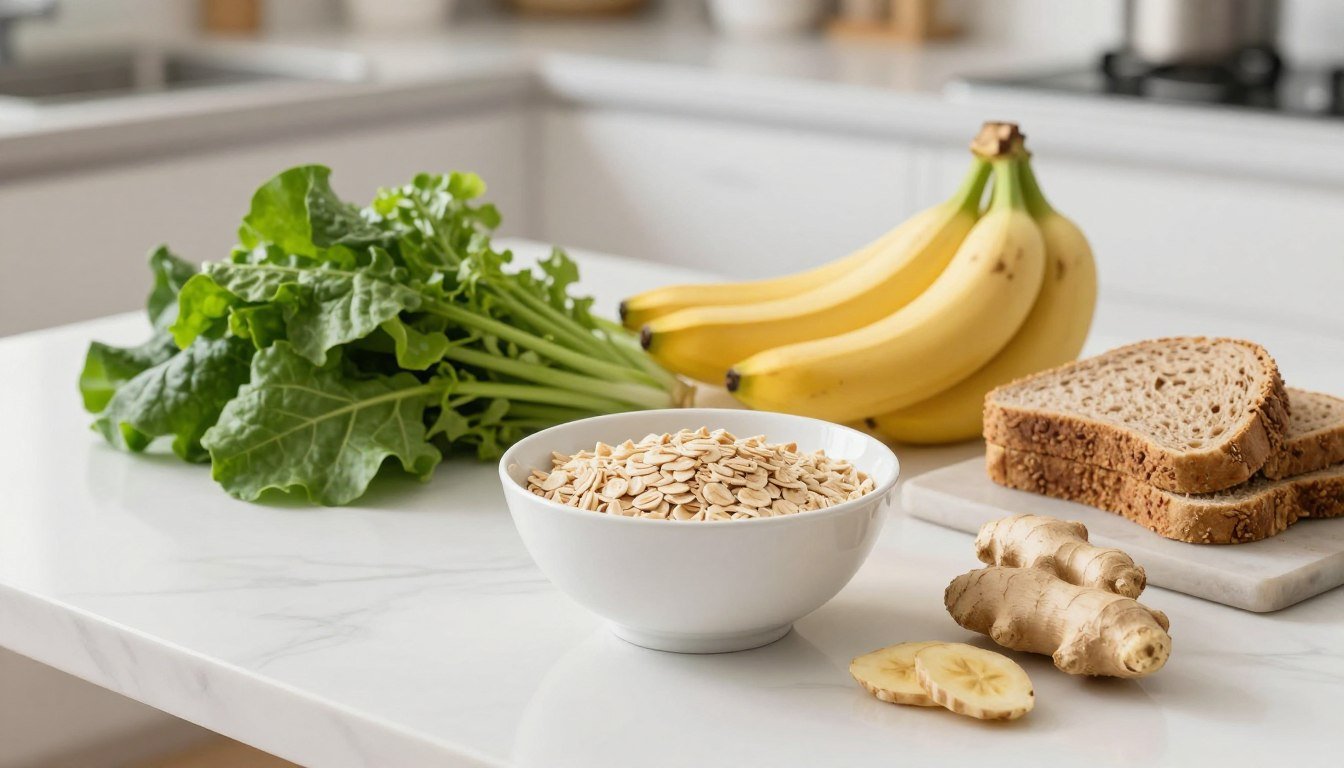 Aliments sains disposés sur une table pour soulager reflux acids et brûlures d'estomac