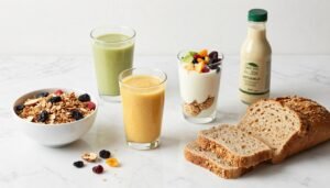 Assortment of seemingly healthy foods that contain hidden calories including granola, fruit juices, and yogurt