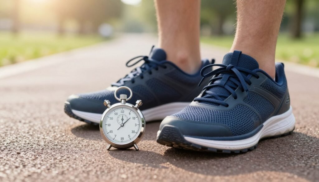Chronometre-et-chaussures-de-marche-sur-un-sentier-de-parc-1024x585 Faire 10 000 pas par jour : Une Nécessité pour Être en Bonne Santé