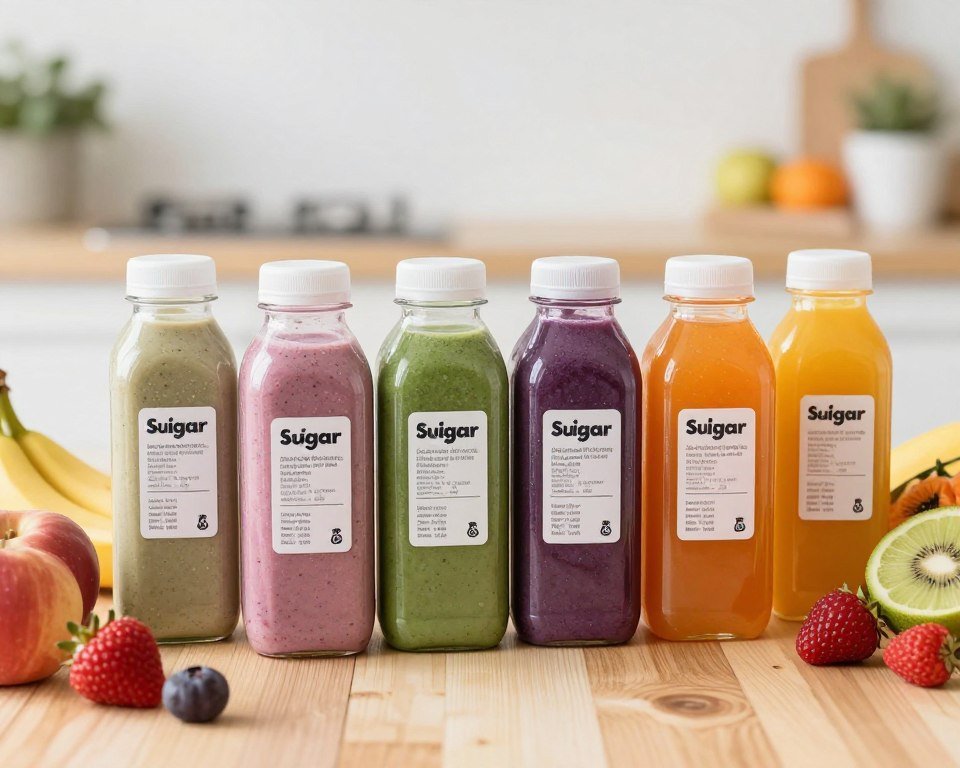 Commercial-fruit-smoothies-and-juices-in-bottles-showing-nutrition-labels-with-high-sugar 10 Aliments Qui Font Grossir Sans Qu'on le Sache