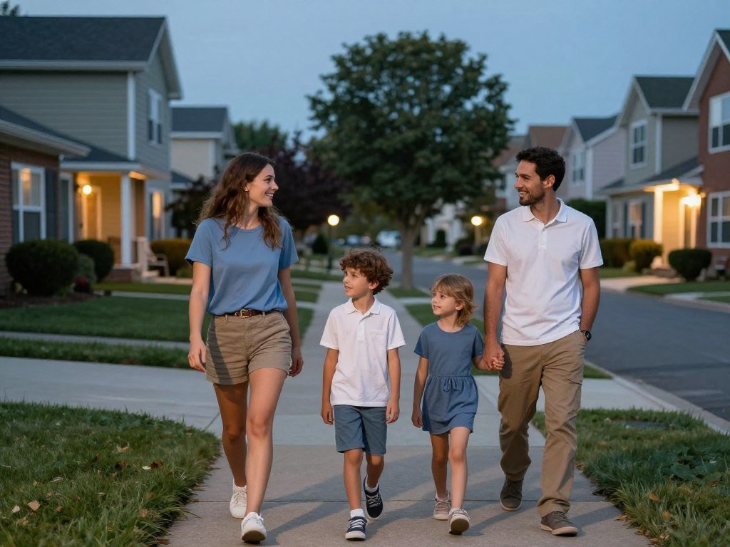 Famille-marchant-ensemble-dans-le-quartier-residentiel Faire 10 000 pas par jour : Une Nécessité pour Être en Bonne Santé