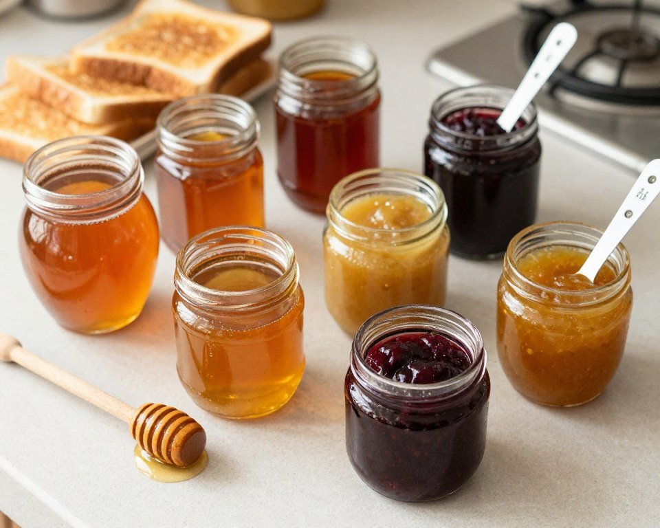 Honey-maple-syrup-jam-jars-with-measuring-spoons-showing-actual-portion-sizes 10 Aliments Qui Font Grossir Sans Qu'on le Sache