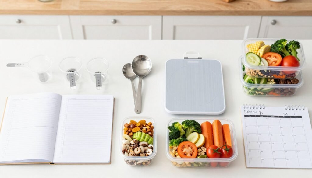 Meal-planning-tools-including-food-diary-measuring-cups-and-healthy-meal-prep-containers-1024x585 10 Aliments Qui Font Grossir Sans Qu'on le Sache