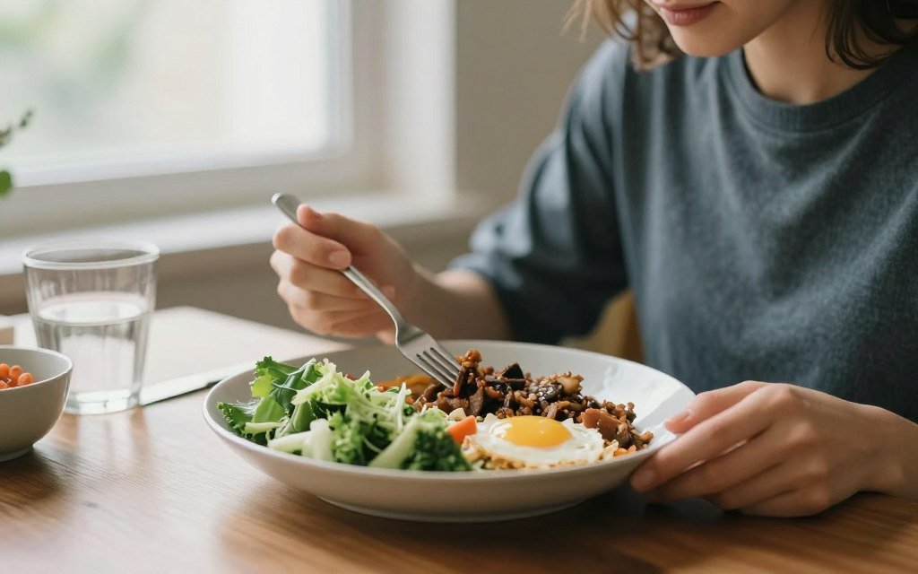 Personne-mangeant-lentement-un-repas-sain-dans-un-environnement-calme Reflux acides et brûlures d'estomac : ces aliments vous aident