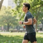 Personne marchant dans un parc ensoleillé avec un tracker de fitness au poignet