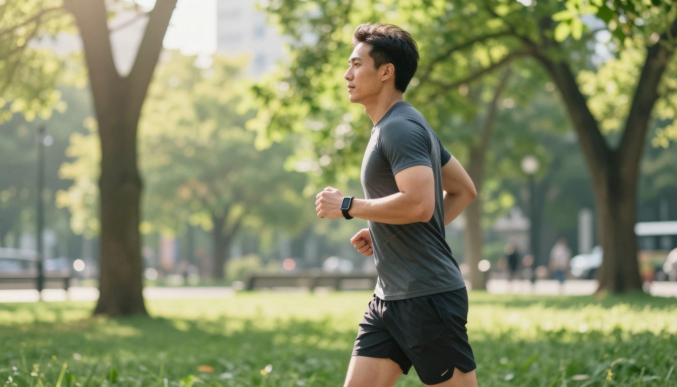 Personne marchant dans un parc ensoleillé avec un tracker de fitness au poignet