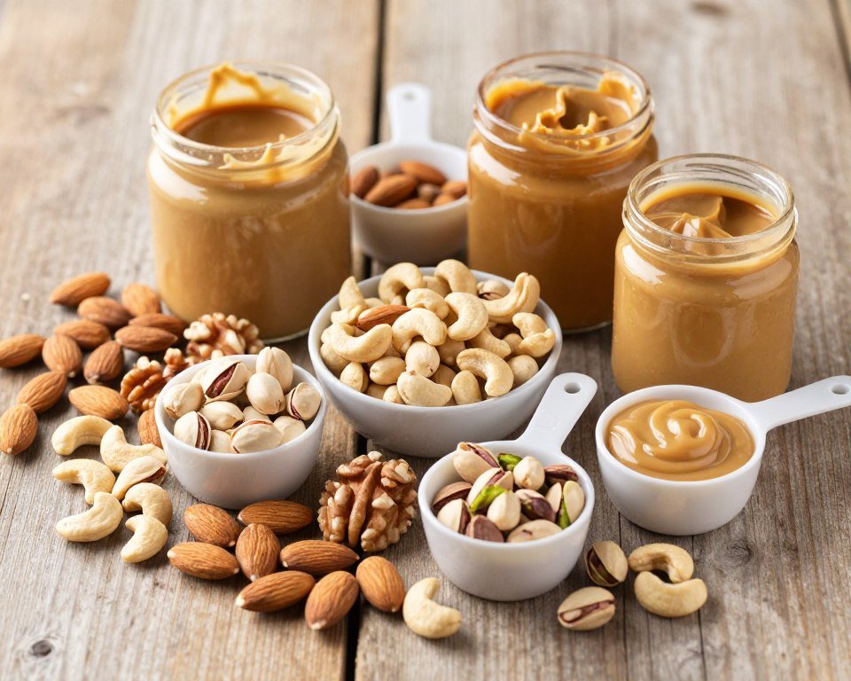 Various-nuts-and-nut-butters-with-portion-sizes-measured-in-small-bowls 10 Aliments Qui Font Grossir Sans Qu'on le Sache