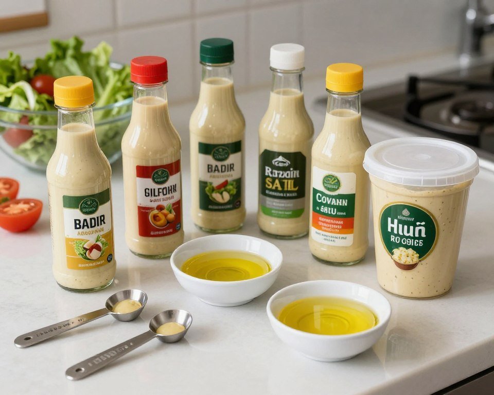 Various-salad-dressing-bottles-and-sauce-containers-with-measuring-spoons-showing-portion-sizes 10 Aliments Qui Font Grossir Sans Qu'on le Sache